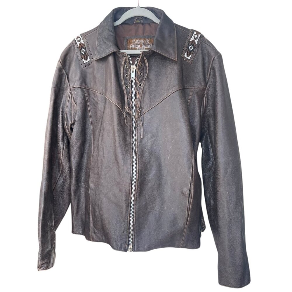 Vtg. Men's Leather Gallery Western Native Boho Lace-up Jacket Brown Beaded Rare
